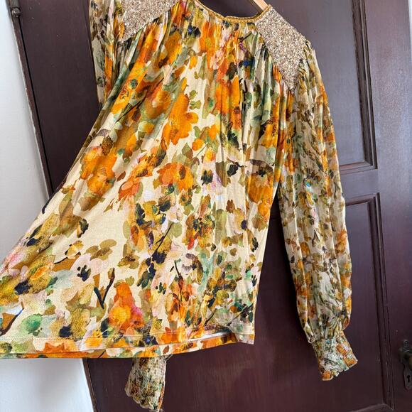 BL-NK LONDON  x Anthropologie Sequin-Embellished Small Yellow Gold Blouse Floral - Picture 7 of 9
